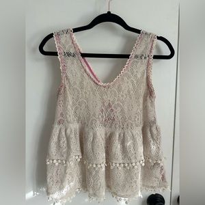 XS Free People, tank top. Color- Ivory. Flowy eyelet style with back keyhole.